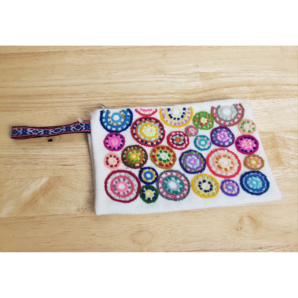 Embroidered Circle Canvas Wristlet Pouch White Multi Color Boho Zipper Clutch